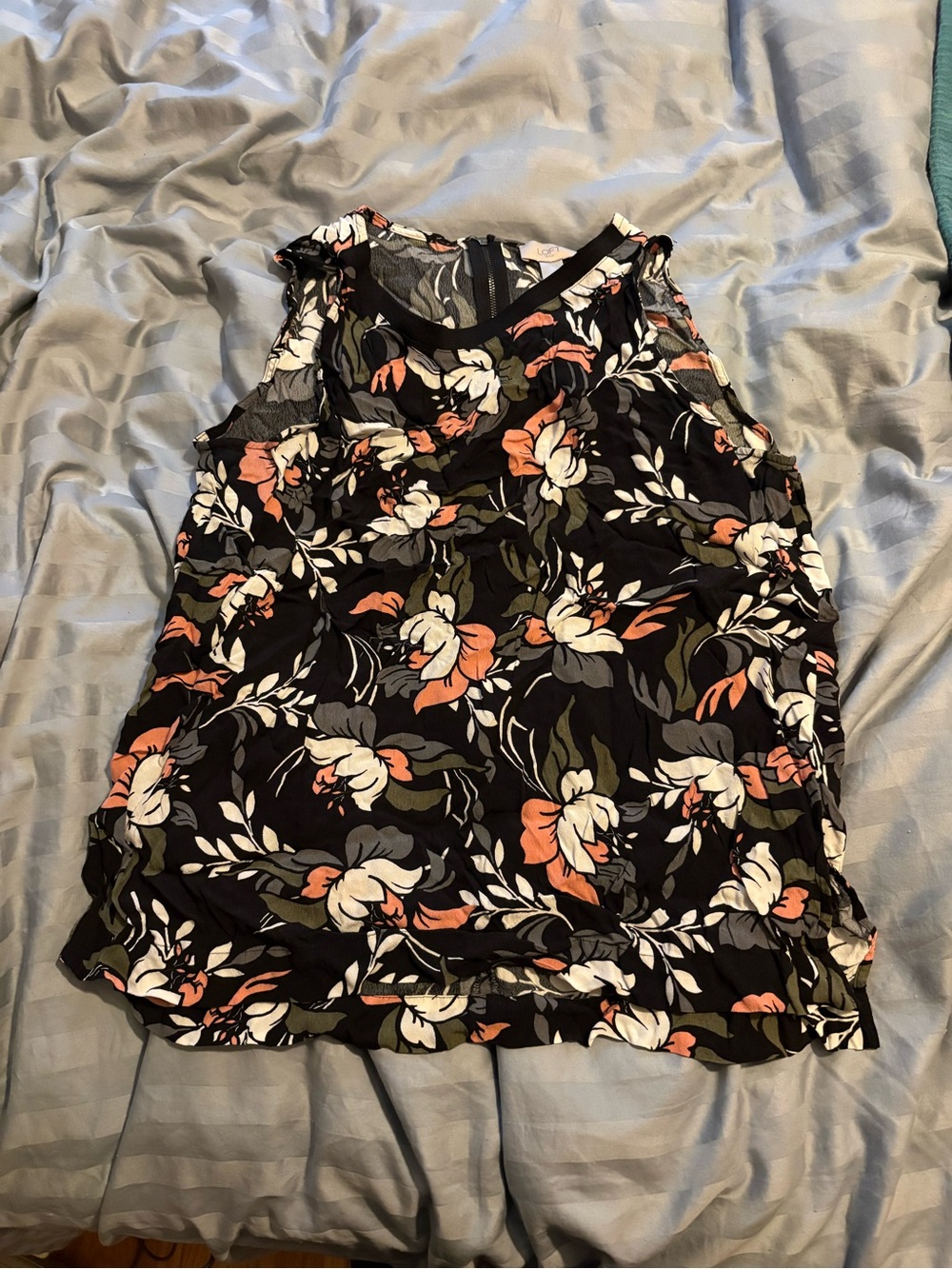 LOFT black grey white orange floral zip back shirt Large L
